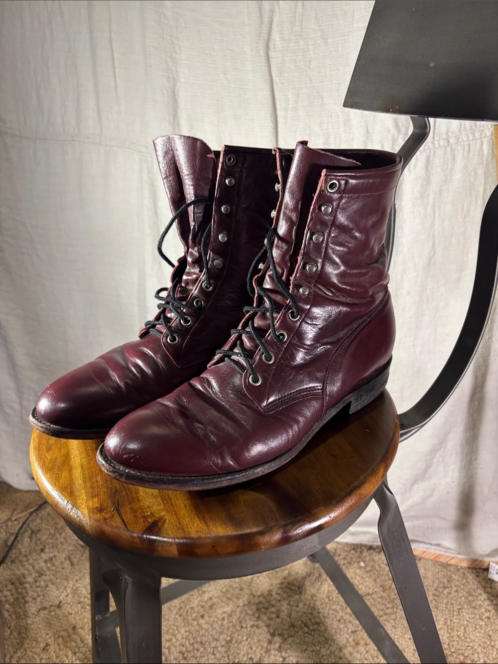 Vintage Justin Men’s Lace up Roper Boots 10.5D Burgundy Oxblood Lacer Leather